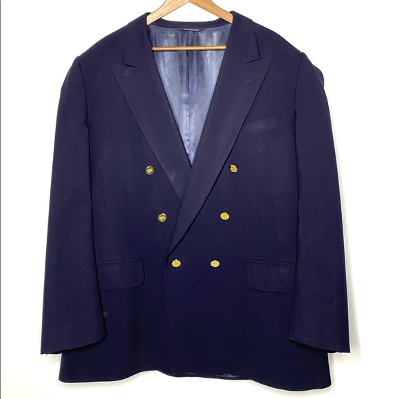 Burberry Navy Gold Double Breasted Wool Blazer